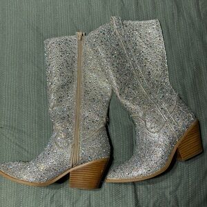 Glitter Wide Calf Western Boots - Silver